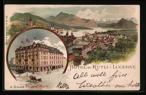 Lithographie Lucerne, Hotel du Rutli, Panorama