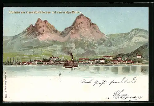 Lithographie Künzli Nr. 5022: Brunnen am Vierwaldstättersee mit den beiden Mythen, Berg mit Gesicht / Berggesichter