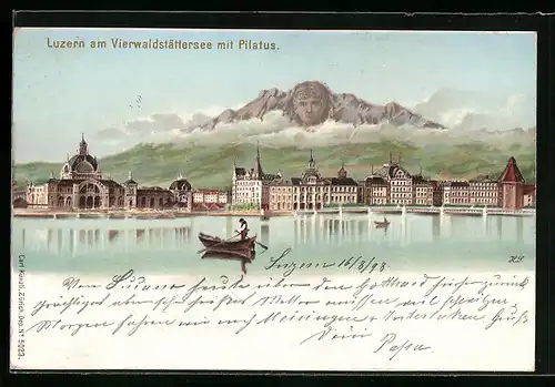 Lithographie Luzern, Ort vom See mit Pilatus, Berg mit Gesicht - Künzli Nr. 5023, Berggesichter