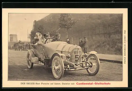 AK Der Sieger Herr Porsche auf österr. Daimler mit Continental-Gleitschutz