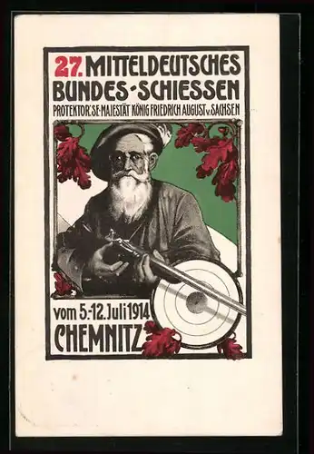 Künstler-AK Ganzsache PP27C266: Chemnitz, 27. Mitteldeutsches Bundesschiessen 1914, Schütze im Anschlag
