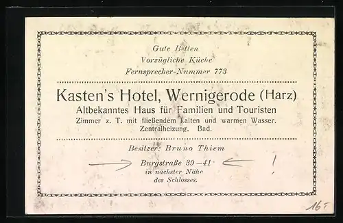 AK Wernigerode /Harz, Kastens Hotel B. Thiem, Burgstrasse 39-41, Strassenansicht