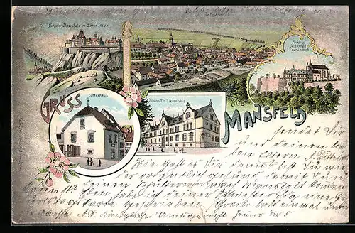 Lithographie Mansfeld, Lutherhaus, Johanniter Siegenhaus, Schloss