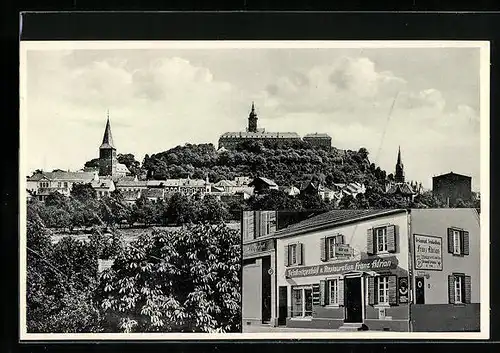 AK Siegburg, Restaurant und Feinkost F. Adrian, Kaiserstrasse 40, Ortsansicht mit Burg