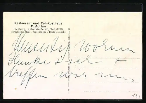 AK Siegburg, Restaurant und Feinkost F. Adrian, Kaiserstrasse 40, Ortsansicht mit Burg