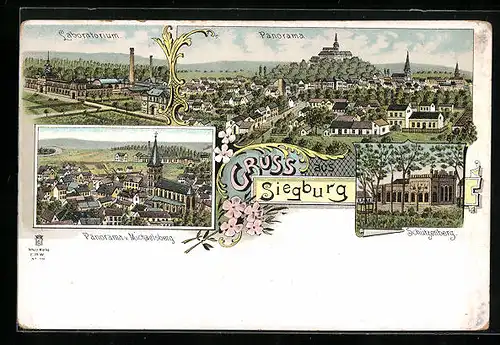 Lithographie Siegburg, Gasthaus Schützenberg, Panoramen mit Laboratorium und vom Michaelsberg