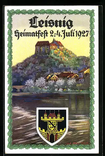 Künstler-AK Leisnig, Heimatfest 1927, mit Wappen