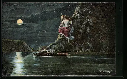 Künstler-AK Dampfer nachts an der Loreley