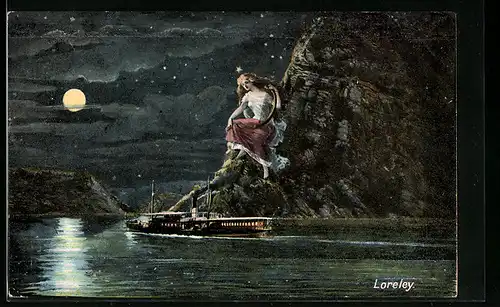 Künstler-AK Dampfer nachts an der Loreley