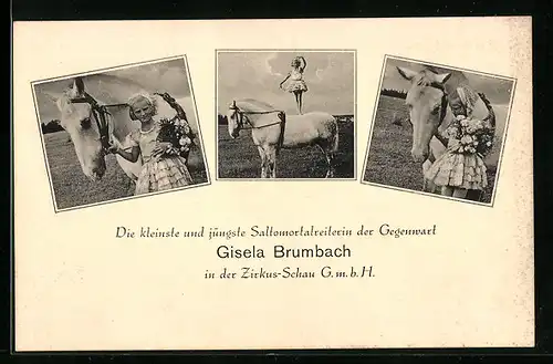 AK Die kleinste und jüngste Satlomortalreiterin der Gegenwart Giesela Brumbach in der Zirkus-Schau GmbH