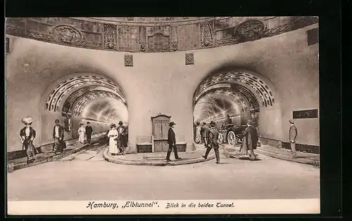 AK Hamburg-St. Pauli, Elbtunnel, Blick in die beiden Tunnel
