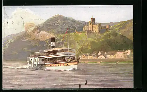 Künstler-AK Rheindampfer Lohengrien, Schloss Stolzenfels