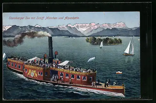 Künstler-AK Starnberger See mit Schiff München und Alpenkette