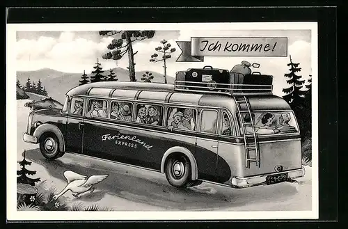 Künstler-AK Ich komme!, Ferienland Express, Reisebus