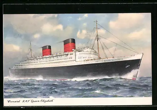 AK Passagierschiff R. M. S. Queen Elizabeth bei voller Fahrt