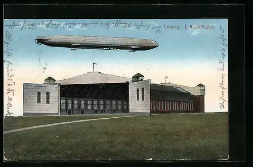AK Leipzig, Luftschiff über dem Luftschiffhafen, Zeppelin