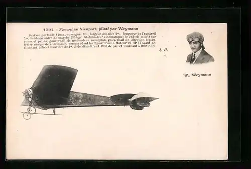 AK Pilot M. Weymann, Monoplan Nieuport, Flugzeug