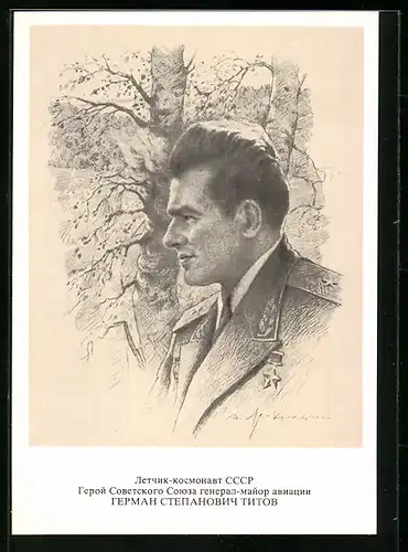 Künstler-AK Kosmonaut German Titow in Uniform mit Orden