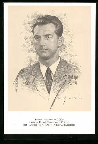 Künstler-AK Kosmonaut Witali Sewastjanow in Uniform mit Orden