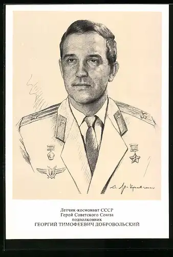 Künstler-AK Kosmonaut Georgi Dobrowolski in Uniform mit Orden