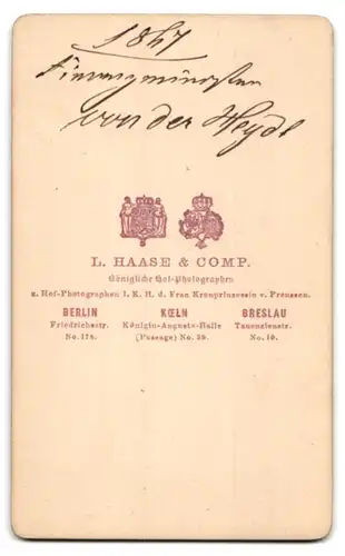 Fotografie L. Haase & Co., Berlin, Portrait August von der Heydt, preuss. Finanzminster unter König Friedrich Wilhelm IV.