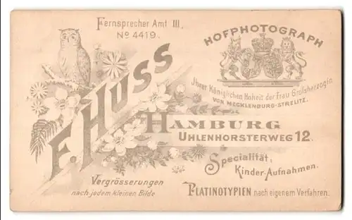 Fotografie F. Huss, Hamburg, königliches Wappen der Grossherzogin von Mecklenburg-Strelitz, Eule / Uhu auf Zweig