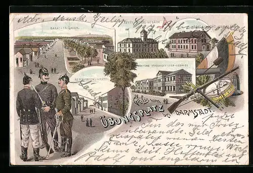 Lithographie Darmstadt, Übungsplatz, Baracken-Lager, Preuss. Stabs-Gebäude