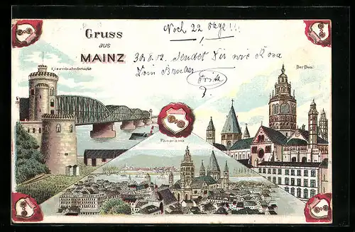 Lithographie Mainz, Panorama, Eisenbahnbrücke & Dom