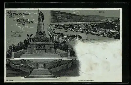 Lithographie Bingen, Nationaldenkmal im Mondlicht, Totalansicht