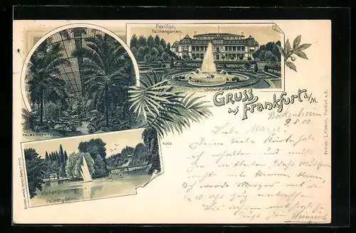 Lithographie Frankfurt-Westend, Pavillon Palmengarten, Palmengarten und Weiher