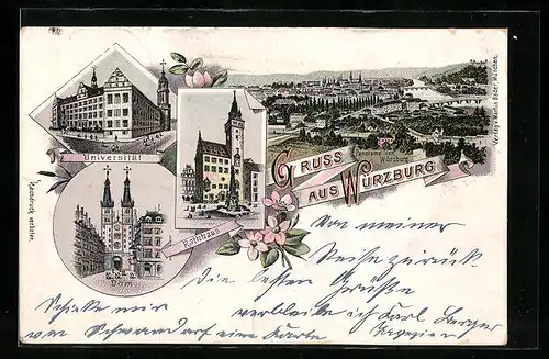 Lithographie Würzburg, Panorama, Universität, Rathhaus und Dom