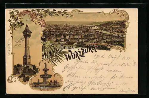 Lithographie Würzburg, Teilansicht, Franken-Warte eröffnet 1894, Kilian-Brunnen