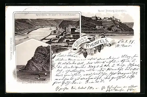 Lithographie St. Goar, Ruine Festung Rheinfels, Die Lurley u. St. Goarshausen
