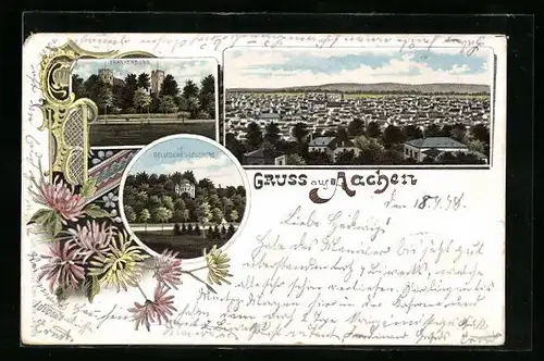 Lithographie Aachen, Panorama, Frankenburg, Bellvedere und Lousberg