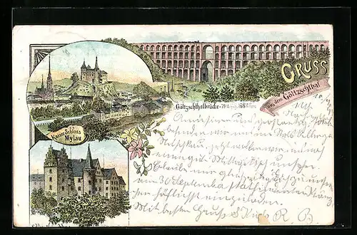 Lithographie Mylau, Gruss aus dem Göltzschthal, Kaiser-Schloss Mylau, Göltzschthalbrücke