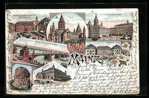 Lithographie Mainz, Gutenbergplatz, Dom, Stadthalle, Neue Strassenbrücke, Gouvernementsgebäude, Grossherz. Schloss