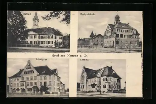 AK Planegg b. M., Schloss, Schulhaus, Rathaus und Postgebäude