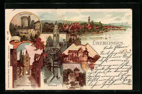 Lithographie Überlingen, Franziskaner Tor, Münster, Galerturm, Totalansicht