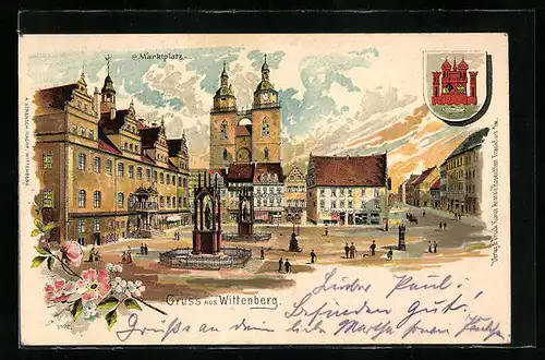 Lithographie Wittenberg, Passanten auf dem Marktplatz, Wappen