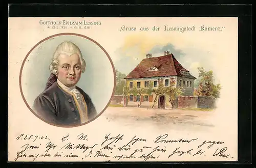 Lithographie Kamenz, Gruss aus der Lessingstadt, Porträt von Gotthold Ephraim Lessing