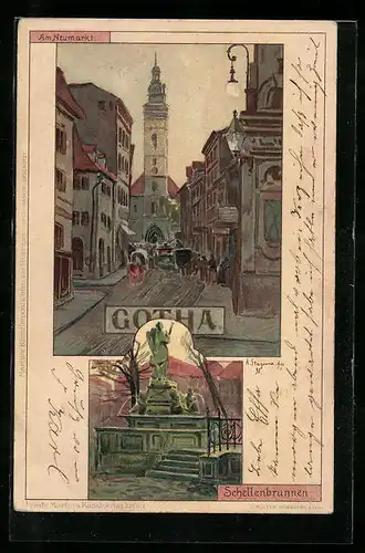 Lithographie Gotha, Am Neumarkt, Schellenbrunnen