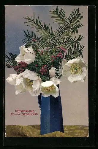 Künstler-AK Photochromie: Blumen in blauer Vase, Christianentag 1911