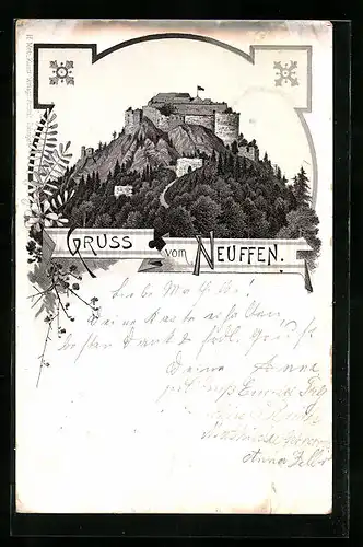 Lithographie Neuffen, Blick auf Hohen-Neuffen