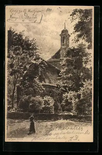 Künstler-AK Klein-Machnow, Idyll an der Kirche