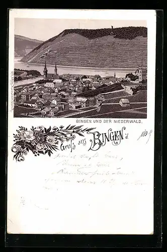 Lithographie Bingen a. Rh., Teilansicht mit Blick zum Niederwald