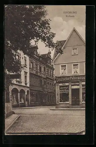 AK Siegburg, Strassenpartie mit Rathaus und Fahrradgeschäft