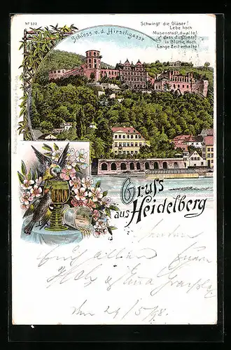 Lithographie Heidelberg, Schloss von der Hirschgasse betrachtet