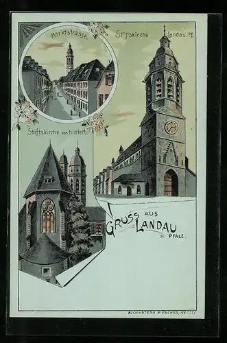 Lithographie Landau /Pfalz, Marktstrasse, Ansichten der Stiftskirche