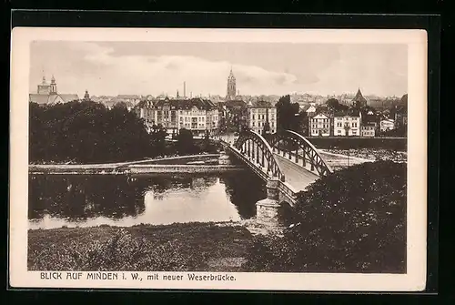 AK Minden i. W., Blick auf den Ort mit neuer Weserbrücke