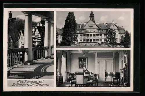 AK Falkenstein /Taunus, Reserve Kurlazarett, Innenansicht Traditionszimmer, Terrasse